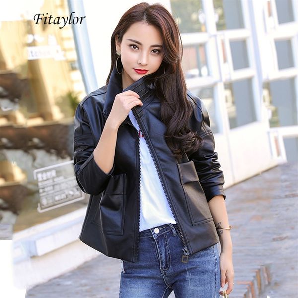 

fitaylor autumn women faux pu motorcycle leather jackets turndown collar zipper black red punk faux soft leather jacket outwear lj201012