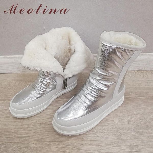 

meotina genuine leather flat platform snow boots women mid calf boots shoes zip real wool fur ladies black white winter 40