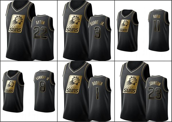 

phoenix suns men devin booker deandre ayton kelly oubre jr. ricky rubio cameron johnson nba black golden edition jersey