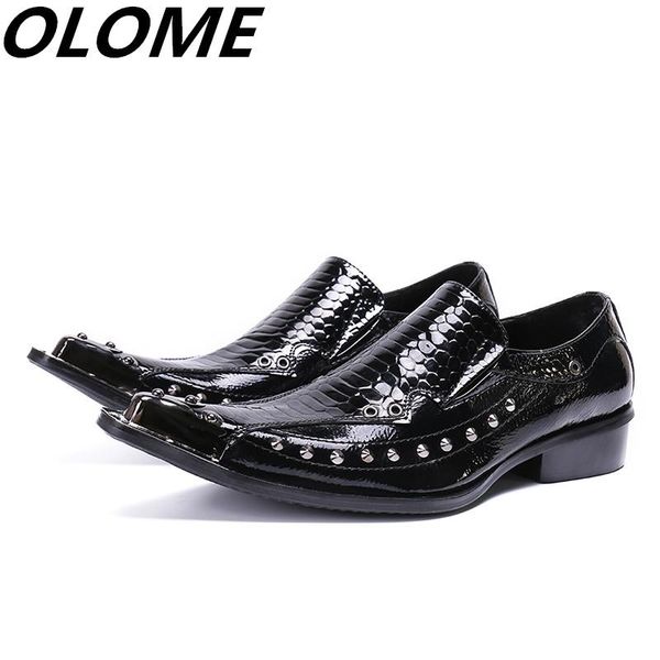 

2020 mens pointed toe dress shoes black crocodile skin men leather shoes rivets iron toe formal wedding spiked loafers
