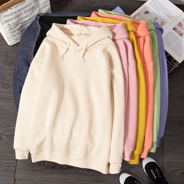 

plus velvet oversize hoodies women 2020 autumn winter female loose casual pullover hoodied solid color hoodies sweatshirts, Black