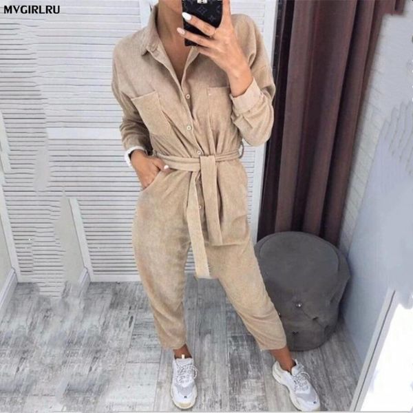 

mvgirlru women's corduroy costume pinstripe single-breasted pocket long sleeve wear a belt rompers, Black;white