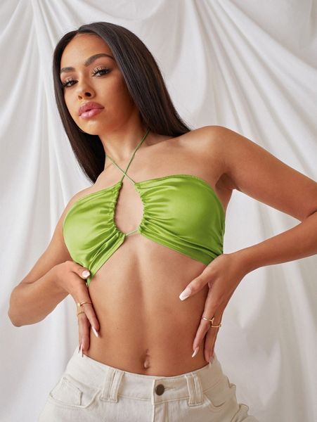 

drawstring backless crop halter f05n#, White