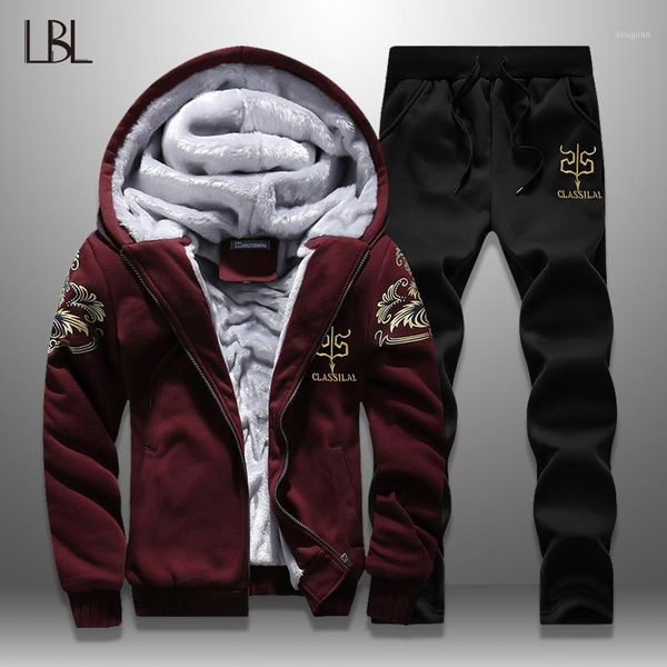 

fleece tracksuit men winter sportswear warm hoodies set male new print casual jackets + sweatpants mens sets moletons masculino1, Gray