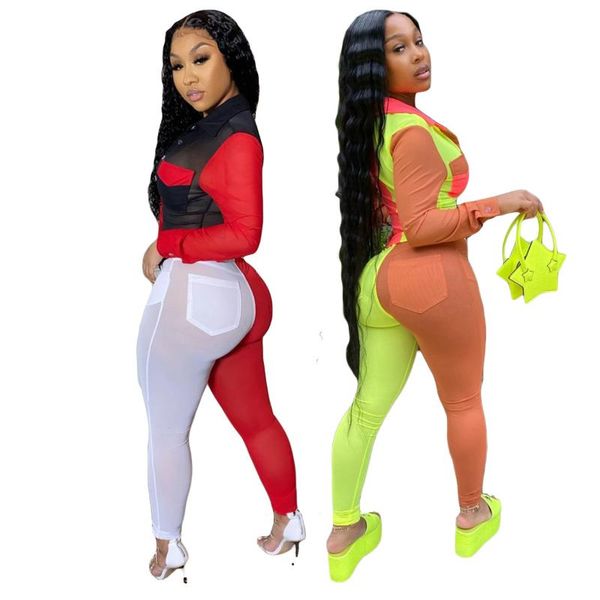 

cutubly patchwork women set tracksuit mesh see though two piece set blouse pencil jogger sweatpants suit matching outfits, Gray