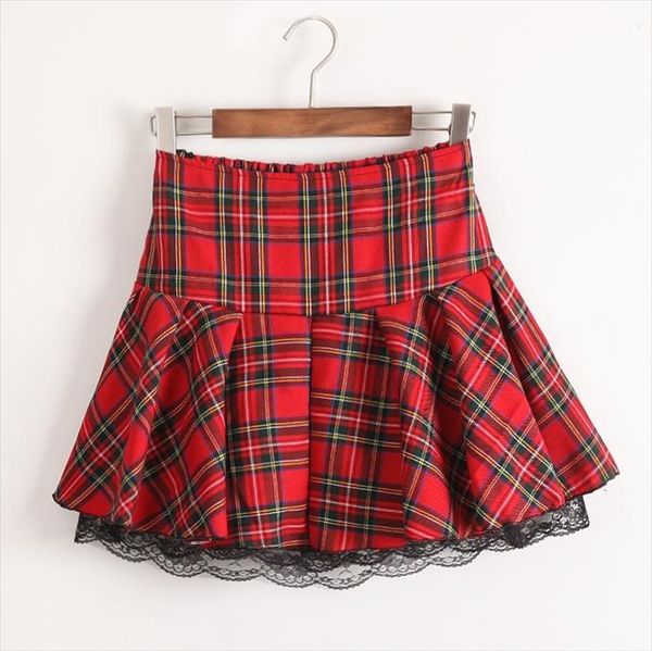 

s xxxl plus size preppy style women uniform skirt red plaid lace hem with lining elastic waist student girl bottoms, Black