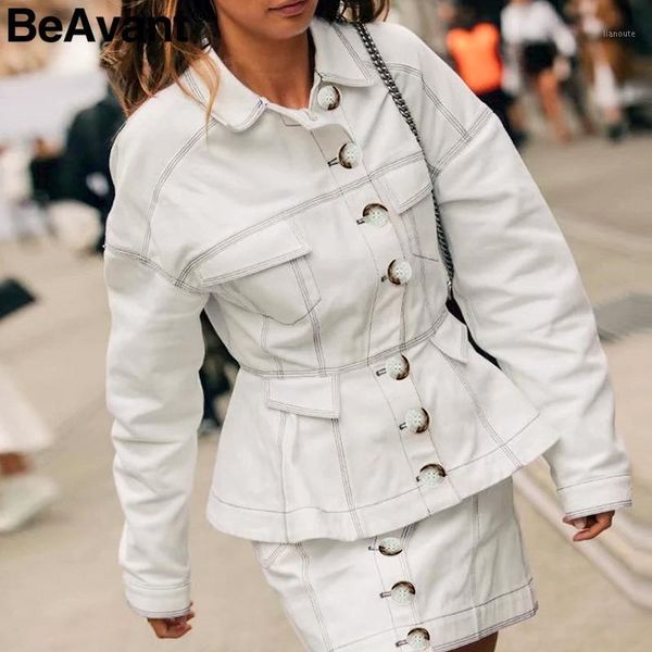 

beavant elegant buttons women denim jacket long sleeve autumn female outwear cotton jacket high waist office ladies white coats1, Black;brown