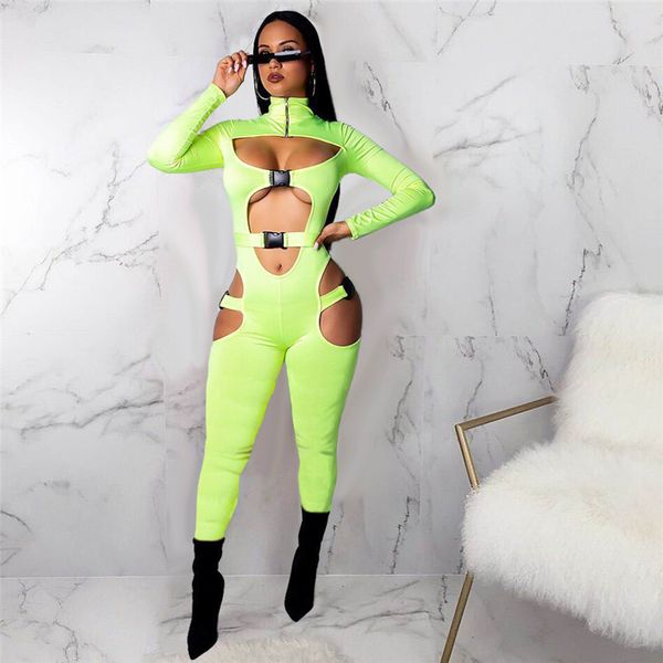 

hollow out buckle bandage jumpsuit women club wear outfits long sleeve skinny turtleneck night party rompers, Black;white