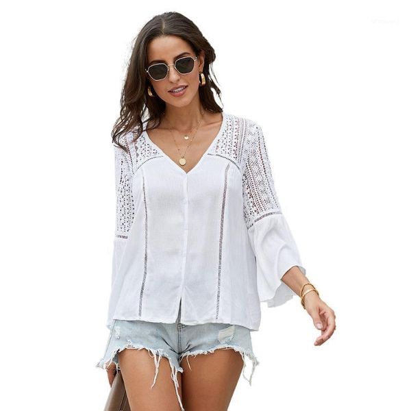 

thin solid color casual shirts woman spring fall flare sleeve hollow v-neck lace patchwork shirt and blouse women lc2522961, White