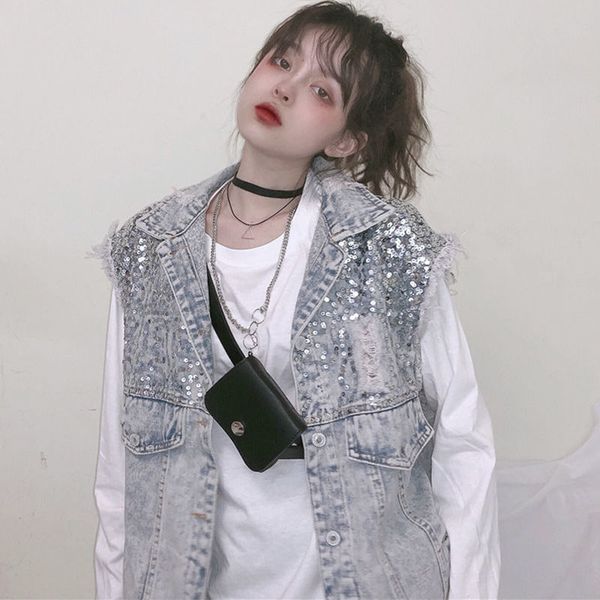 

new 2021 spring medium long female summer denim single sequins breasted jean waistcoat y173 qdxw felw, Black;white
