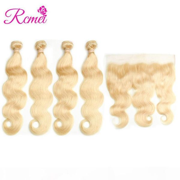 

rcmei hair brazilian #613 blonde color human hair bundles extention 4 bundles with 13*4 lace frontal remy hair, Black;brown