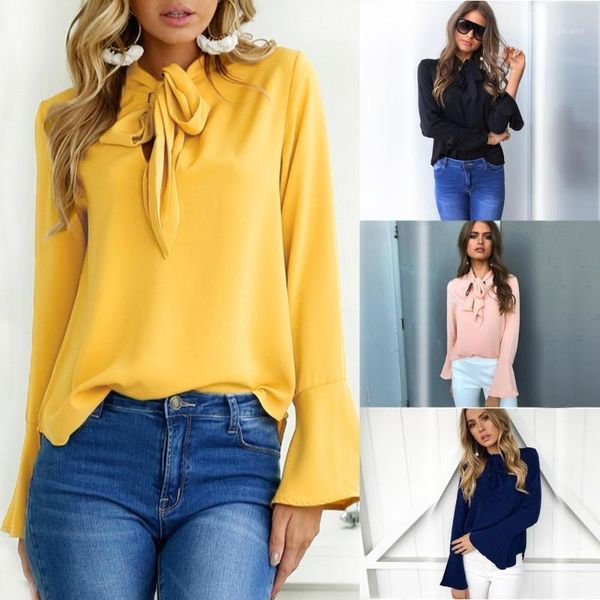 

zogaa women fashion blouse summer autumn ladies long sleeve bow-tie flared sleeve blouse female casual slim fit shirts 20191, White