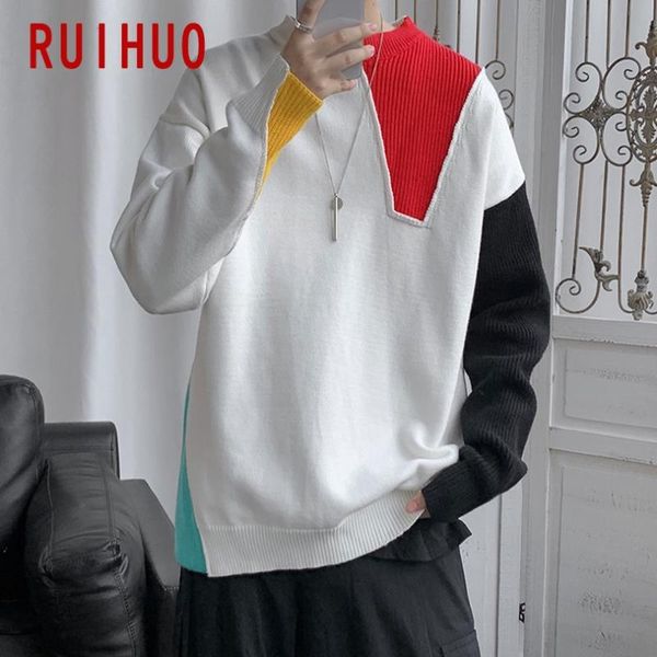 

ruihuo patchwork knitted sweater men clothing pull sweaters winter men clothes pullover mens coat 2020 autumn winter new -3xl, White;black