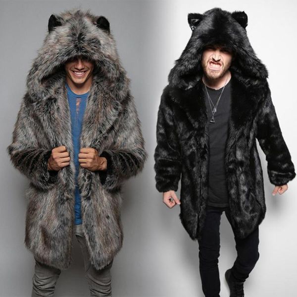 

winter faux fur coat men hooded with ear warm long sleeve bear plush cardigan thick teddy jacket man long parka plus size 5xl1, Black