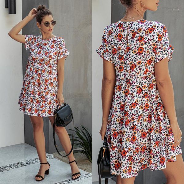 

casual dresses elegant retro print dot mini dress women 2021 summer o-neck short-sleeved ruffles sleeve office sundresses1, Black;gray