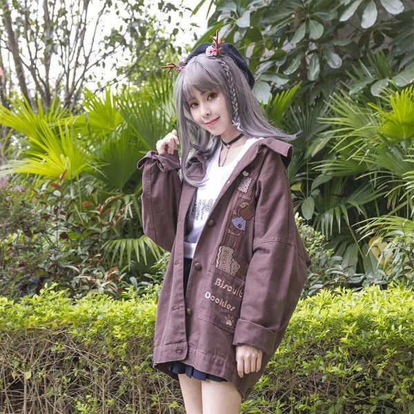 

women's jackets biscuit & cookie ~ cute trench coat boyfriend style loose lolita denim jacket, Black;brown