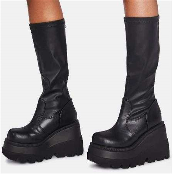

black round toe height increasing super high platform wedge heel women knee high boots winter shoes zipper big size 43