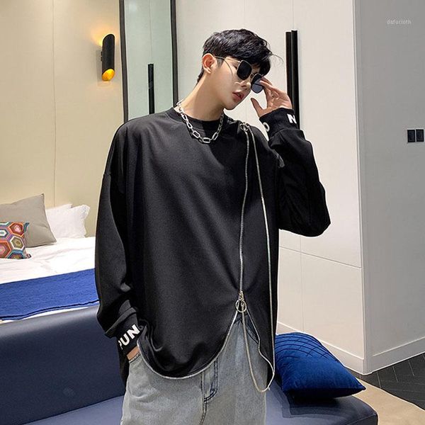 

men zipper metal chain design loose black pullover casual hoodie male streetwear hip hop punk gothic irregular sweatshirt1