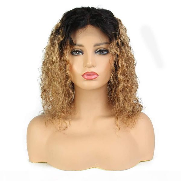 

honey blonde ombre human hair wig kinky curly full lace wig virgin mongolian ombre lace front wig with baby hair two tone, Black;brown