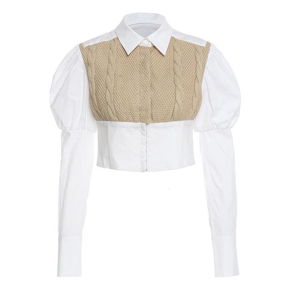 

2020 woven linen wool fabric splicing cotton shirt puff sleeve shirt, White