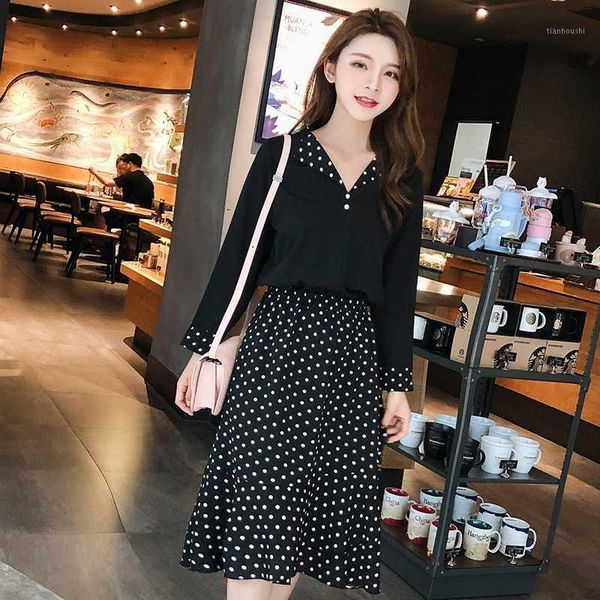 

2020 spring dress for fat female plus size vintage dot dress 4xl 5xl women black lapel slim two piece party midi1, Black;gray