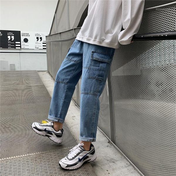 

men's polos 2021 summer washed men's jeans straight thin ankle-length pants fashionable loose overalls1, White;black