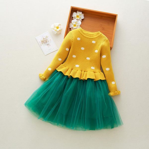 

autumn spring girl knitting dress for girls children dot yellow dress kids long sleeve princess party dresses 3t-10year, Red;yellow