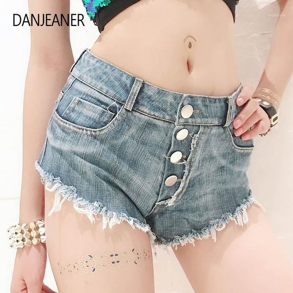

danjeaner bf style women hole destroyed ripped low waist jeans denim shorts solid button tassel shorts summer short mujer1, Blue