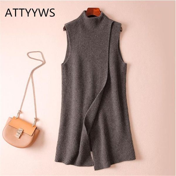 

autumn and winter new cashmere knit vest female long loose half-high round neck coat vest warm and soft sleeveless pullover, Black;white