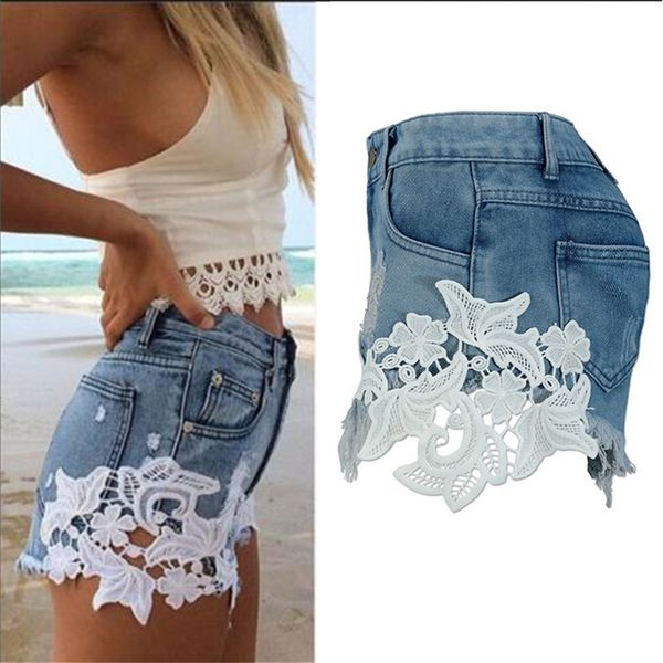

european and american summer wind female blue high waist denim women worn loose burr hole jeans shorts, White;black
