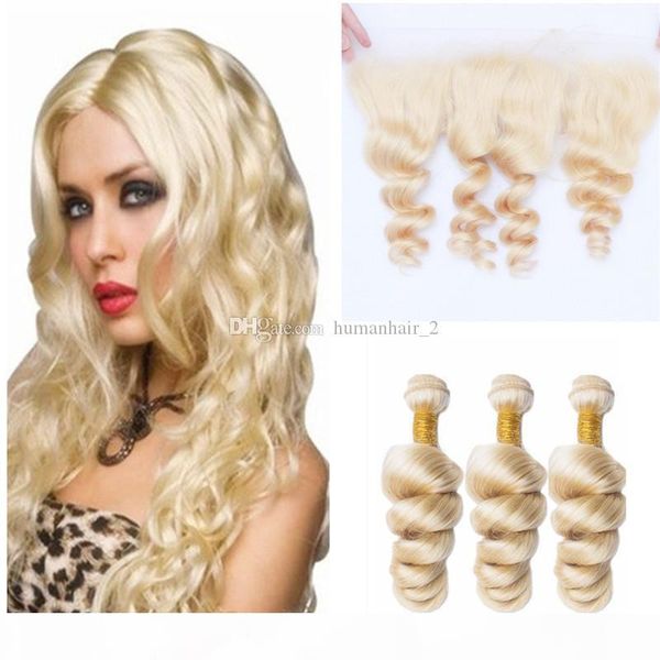 

loose wave blonde human hair with lace frontal closure #613 platinum blonde loose wavy hair bundles with 13*4 ear to ear lace frontals, Black;brown