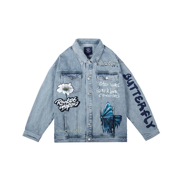 

original graffiti letter painted streetwear jeans for men and women autumn windbreaker denim coat hip hop oversize casual coat, Black;brown
