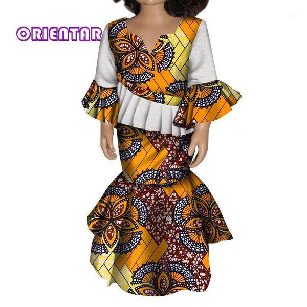 

2 pieces sets cute kids girl flare sleeve and skirt set african print children shirt skirts bazin riche clothes wyt1801, Red
