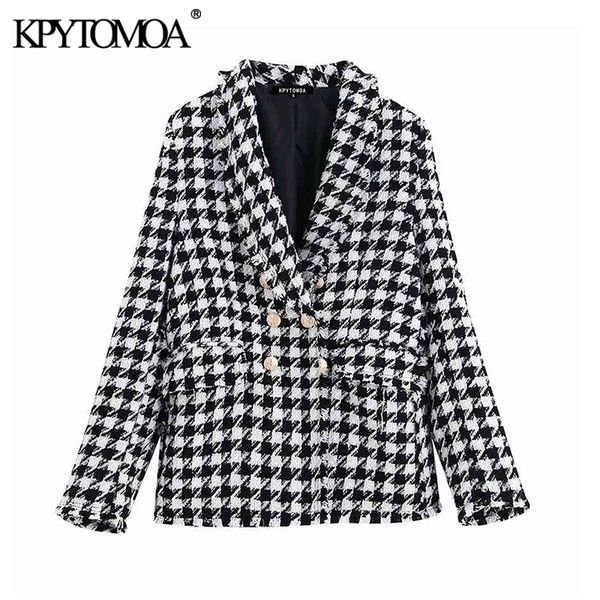 

kpytomoa women fashion double breasted houndstooth tweed blazers coat vintage long sleeve frayed trim female outerwear chic 201023, White;black