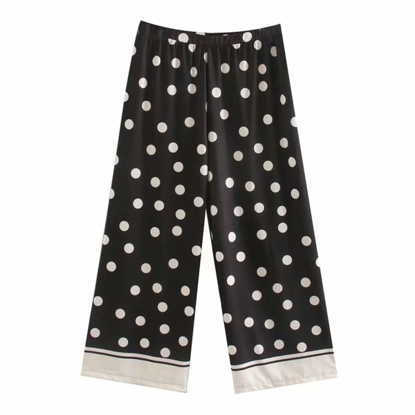 

new women vintage polka dot print knitted wide leg pants femme elastic waist trousers office lafy wear casual chic pants p609 1020, Black;white
