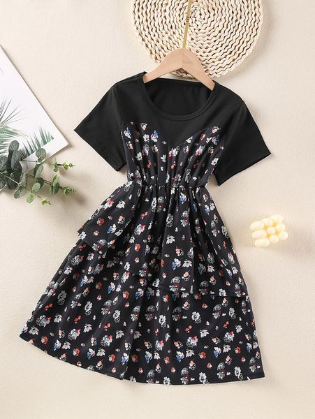 

girls floral print layered hem 2 in 1 dress she, Red;yellow