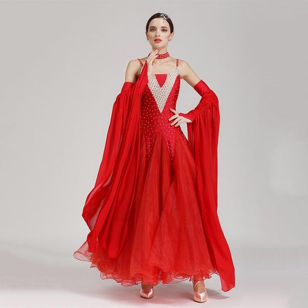 

stage wear rhinestone ballroom dance competition dresses women waltz standard performance clothing tango foxtrot dress dc4404, Black;red