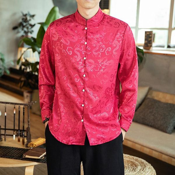 

traditional chinese blouse for men tang suit oriental mens clothing satin fabric dragon printed long sleeve shirt, Red