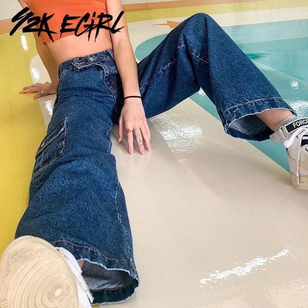 

y2k egirl vintage 90s streetwear baggy jeans with pockets indie wide leg high waist pants autumn retro demin long trousers women1, Blue