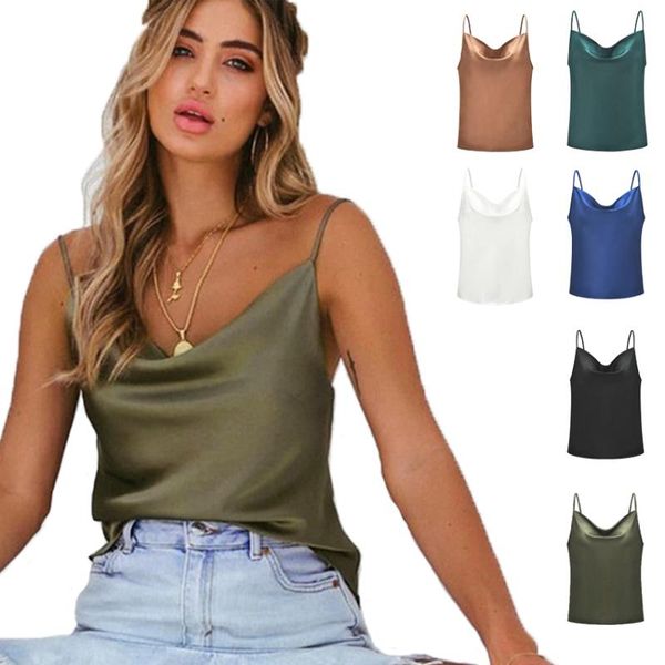 

women short tanks solid color low-cut camis vest bottom simulation ice silk satin chiffon shirt strappy camisole shirts, White