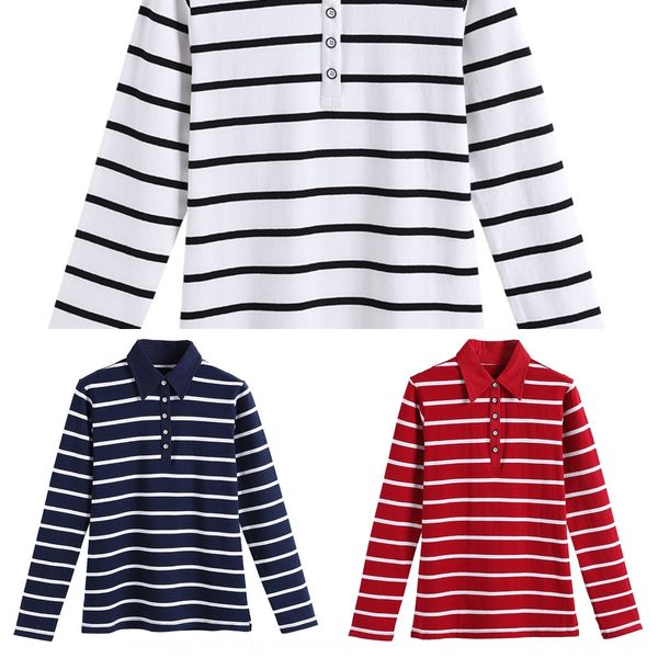 

women's lapel coat long sleeve t- polo shirt autumn winter korean version thin pure cotton striped t-shirt versatile v-neck tu6nm tu, White