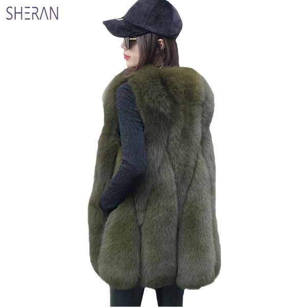 

sheran new winter warm vest fox fur faux fur vest women jackets waistcoat outerwear long leather grass faux fur coats gilet t200915, Black