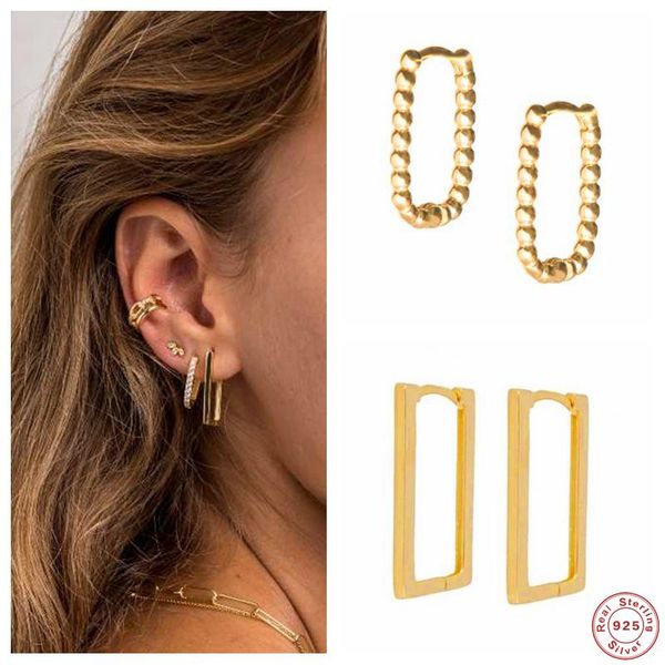 

aide 925 sterling silver minimalist square rectangle gold hoop earrings for women chic geometric beads huggie earring jewelry, Golden;silver