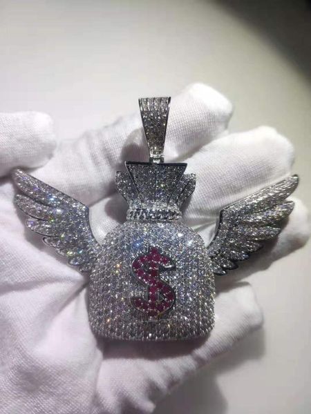 

2021 men out bling money bag pendant necklace fully hip hop jewelry necklace with 24 inch stainless steel rope chain, Silver