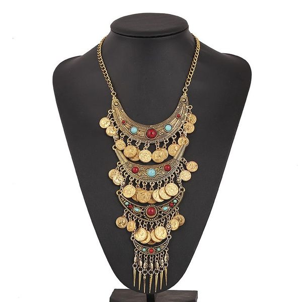 

lzhlq multi-layer carved geometry retro coins tassel choker statement necklace women 2 colors zinc alloy necklaces pendants, Silver