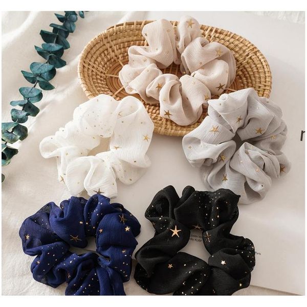

women elastic kawaii mesh hair bands tie gum 5 stars cute girls lace scrunchie ponytail transparent tull jllcor yy_dhhome, Golden;silver