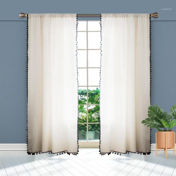 

2pcs elegant panel with tassel tulle linen look home decorative kitchen bedroom window living room semi-sheer curtain simple1