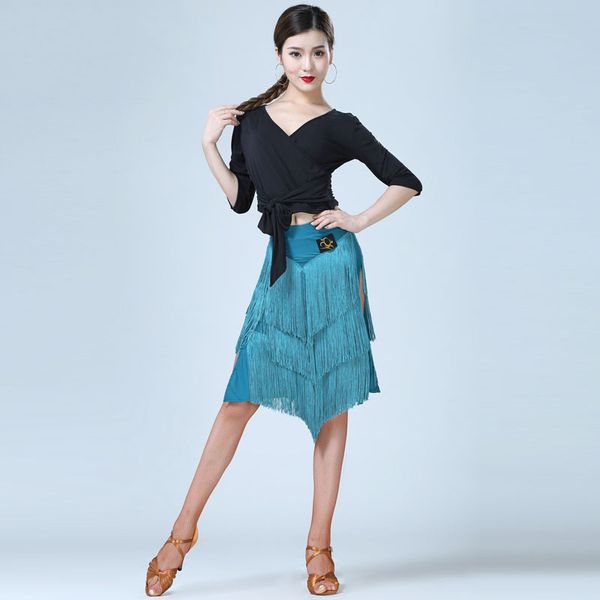 

new latin dress female dancer costume tassel skirt v-neck new dance skirt training suit salsa competition dress 358, Black;red