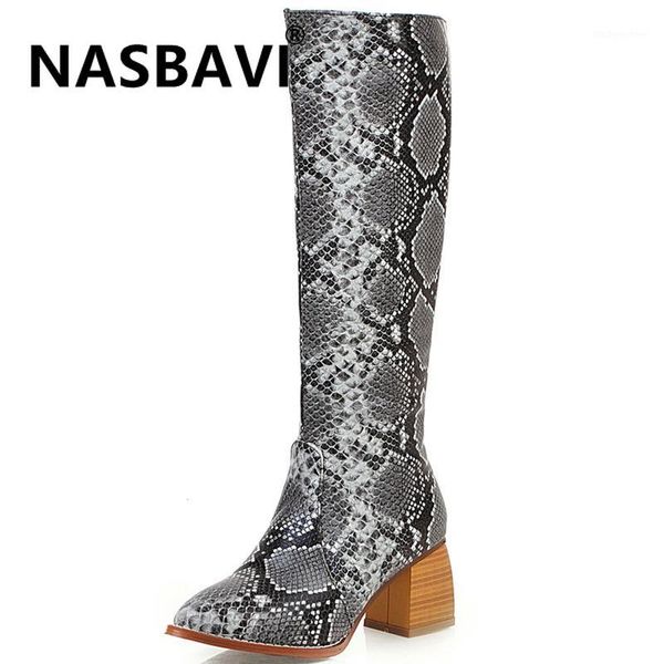 

boots nasbavi 2021 pu women ankle zip pointed toe footwear thick high heels female boot shoes snakeskin shoes1, Black