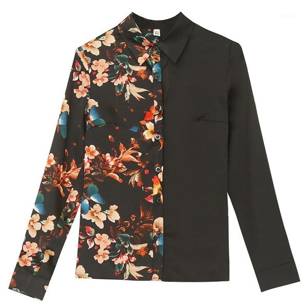 

europe style autumn 2020 fashion women's long sleeves turn down collar patchwork floral shirt ladies shirts blouse a35981, White